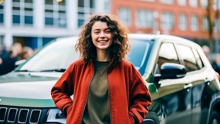 a women posing in front of her new car. 